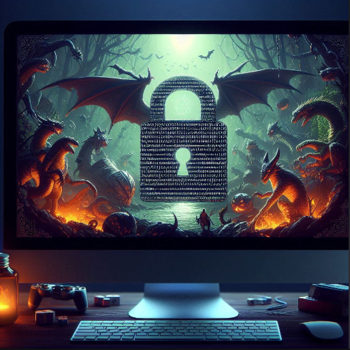 Monitor de computadora con un fondo de pantalla artístico que muestra varios dragones rodeando un gran candado con código iluminado por una luz verde mística.