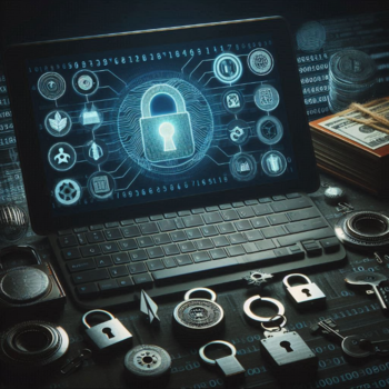 Laptop mostrando íconos de ciberseguridad con candados y monedas en un escritorio.