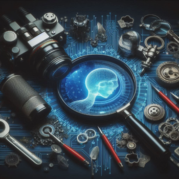 Partes mecánicas y herramientas rodean una lupa que muestra un perfil humano digital azul.