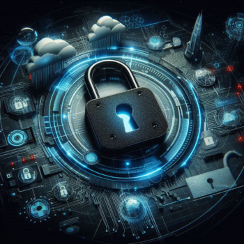 Representación estilizada de ciberseguridad con un candado grande en el centro rodeado de elementos digitales y tecnológicos.