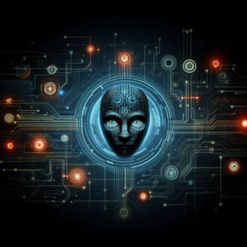 Ilustración digital de un circuito futurista con un centro azul brillante y elementos de luz rojos y blancos, simbolizando alta tecnología.