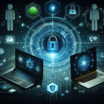 Imagen de dos laptops con íconos de protección.
