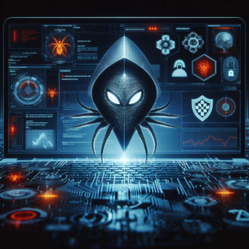 Pantalla de laptop con un gráfico de un alien rodeado de íconos de ciberseguridad y tecnología.