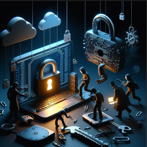 Representación estilizada de conceptos de ciberseguridad con un candado grande y una interfaz digital, rodeados de figuras y símbolos relacionados con la seguridad digital.