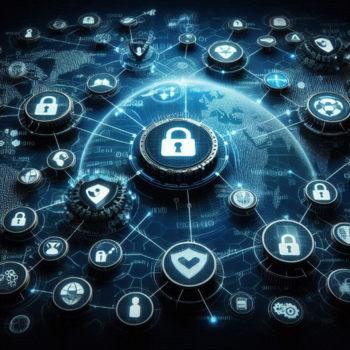 Ilustración digital de una red de ciberseguridad con iconos de candados, escudos y cadenas sobre un mapa mundial.
