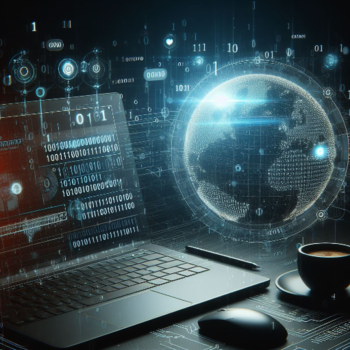 Un espacio de trabajo digital futurista con un globo holográfico, código binario y varias visualizaciones de datos flotando sobre un portátil, al lado de una taza de café.
