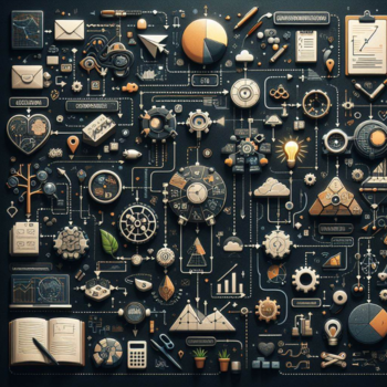 Variedad de íconos y objetos 3D que simbolizan la interconexión entre ciencia, tecnología y naturaleza sobre un fondo oscuro.