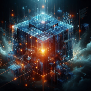 Estructura cúbica futurista con líneas interconectadas representando bloques de código.