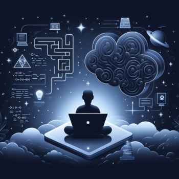 Persona utilizando una computadora portátil entre nubes, con símbolos de tecnología y el mundo digital, destacando la unión de la inteligencia humana y artificial.