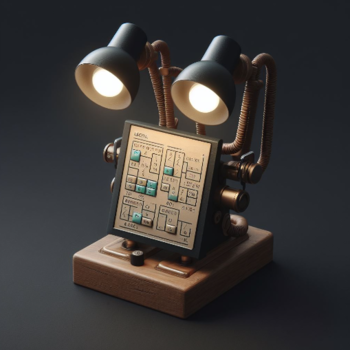Muestra una lámpara de escritorio con un diseño creativo que se asemeja a un robot. Tiene dos focos ajustables y una pantalla que muestra botones etiquetados con funciones diversas.