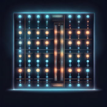 Panel luminoso con luces circulares azules y naranjas dispuestas en un patrón geométrico, con un área brillante rectangular en el centro que evoca un estilo tecnológico y vanguardista.