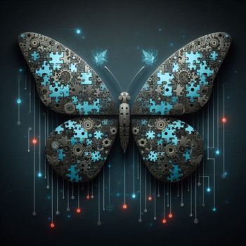 Mariposa tecnológica hecha de piezas de puzzle.