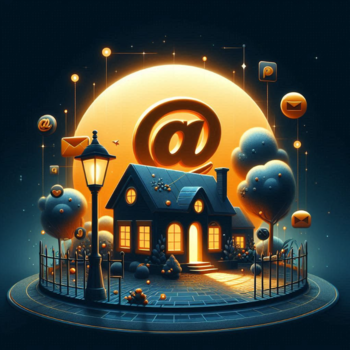 Ilustración de una casa con íconos de internet, representando direcciones públicas y privadas.