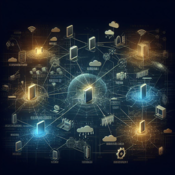Representación visual de clases de direcciones de red con íconos de nubes, candados y símbolos Wi-Fi interconectados en un fondo oscuro con elementos digitales.