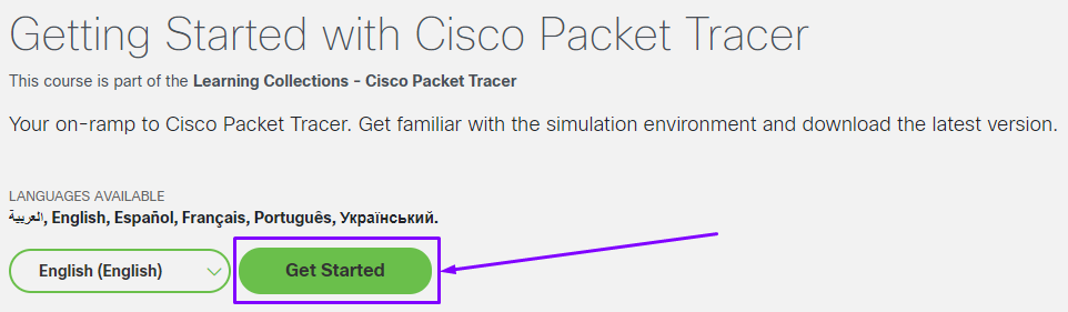Botón de Get Started de Cisco Packet Tracer