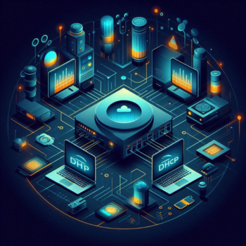 Ilustración isométrica de una configuración de red DHCP con un servidor central y dispositivos conectados, destacando con un esquema de colores oscuros y acentos en azul neón y naranja.