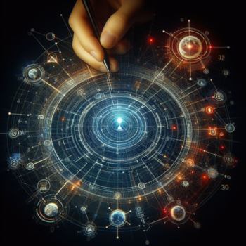 Imagen de una mano diseñando en un sistema futurístico una red compleja