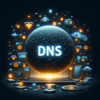 Ilustración digital de un globo luminoso con las letras ‘DNS’ en el centro, rodeado de iconos de tecnología y conectividad.