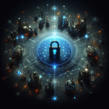 Arte digital de una ciudad cibernética futurista con un icono de candado central que simboliza la protección de datos.
