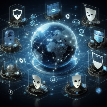 Ilustración digital destacando máscaras de red con íconos de seguridad y privacidad en línea.