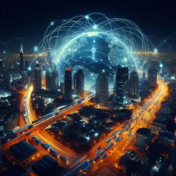 Vista nocturna de una ciudad con edificios iluminados y redes digitales que simbolizan conectividad global.