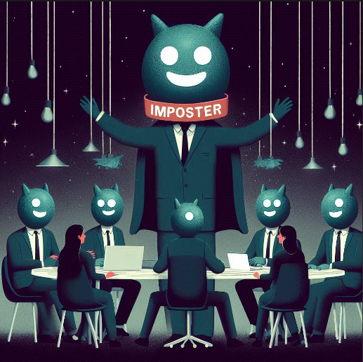 Reunión con una figura grande etiquetada como impostor entre figuras más pequeñas sentadas programando con la cara del impostor menos una que tiene cara de humana.