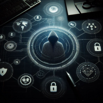 Figura encapuchada en un escritorio rodeada de iconos digitales y hologramas, sugiriendo temas de ciberseguridad.