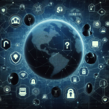 Globo terráqueo digital con iconos de tecnología y seguridad en una red de conexiones sobre fondo azul oscuro..